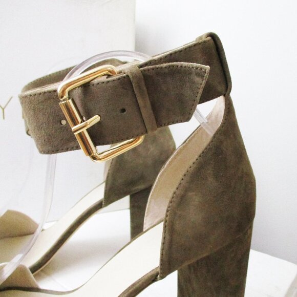 RAYE Leia taupe 9.5 strappy block heel sandals shoes heels suede buckle - Picture 3 of 9